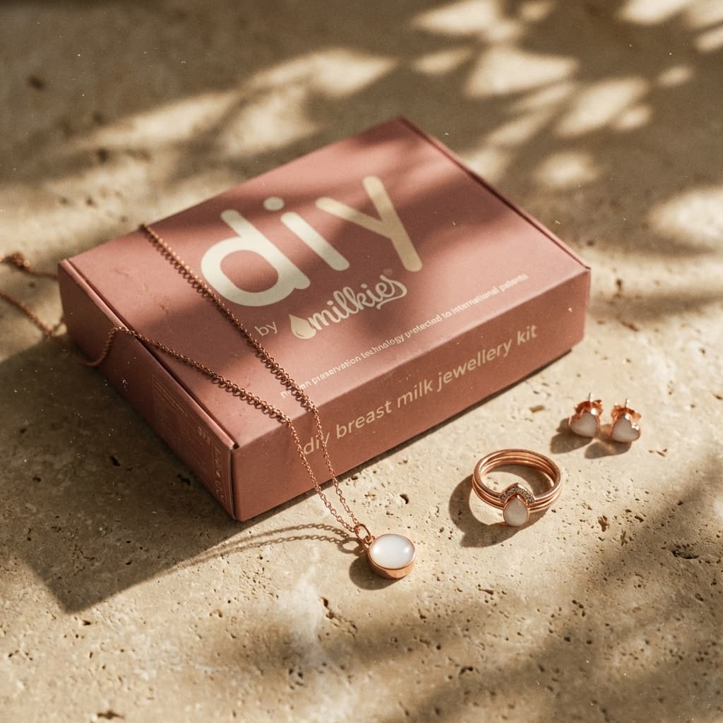 Sunlit DIY by Milkies kit box with rose-gold necklace, ring, and earrings featuring white breastmilk resin stones, showcasing a breastmilk jewellery diy kit for at-home keepsake making.