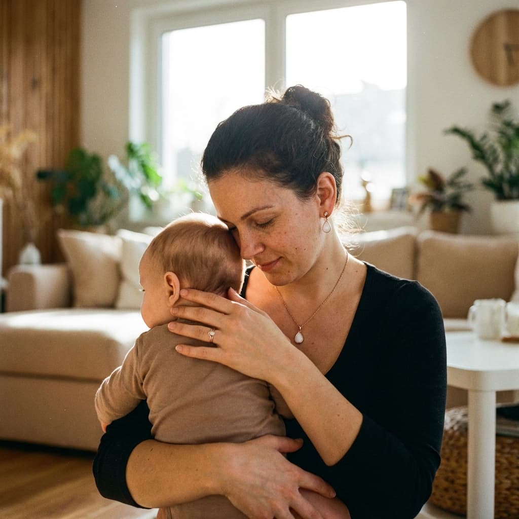 Mother cuddling her baby in a bright home while wearing a keepsake necklace, showing why a breastmilk jewellery diy kit is a meaningful way to create a private, at-home memento of motherhood.