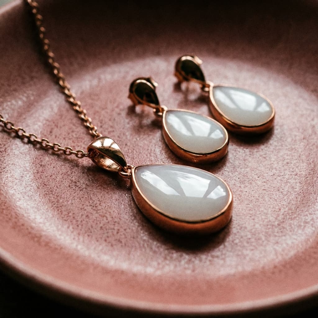 Rose-gold teardrop pendant necklace and matching earrings with milky white resin stones from a breastmilk jewellery kit keepsake set displayed on a soft pink surface.