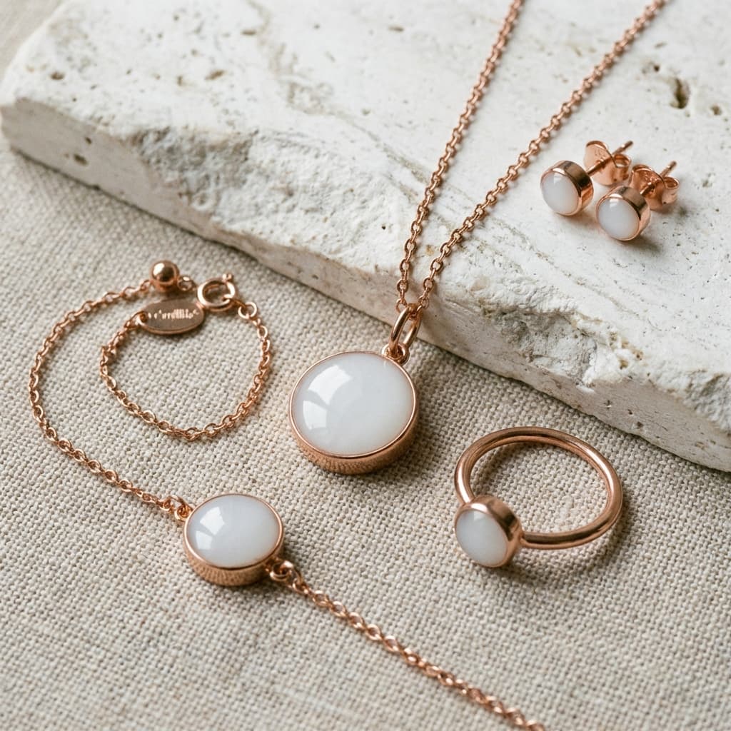 Rose gold keepsake set with a breastmilk jewellery kit, showing a milky white resin pendant necklace, matching stud earrings, ring, and bracelet arranged on a textured linen background.