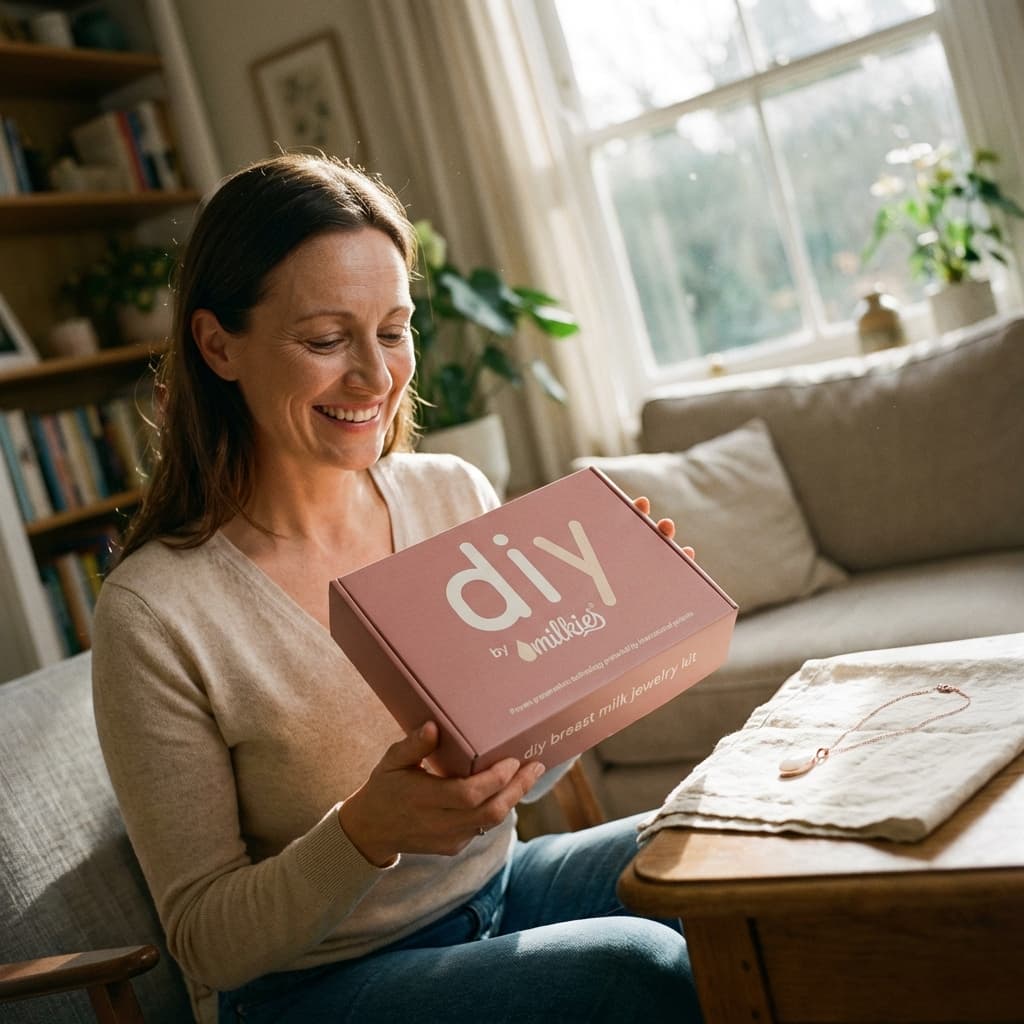Smiling mother at home holding a DIY by MILKIES breastmilk jewellery kit box, showing why an easy at-home keepsake-making option is a great choice.