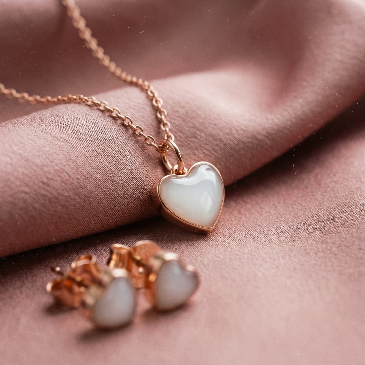 Rose-gold heart pendant necklace with a milky white resin center and matching earrings displayed on soft pink fabric, showcasing elegant breastmilk jewelry keepsake design.