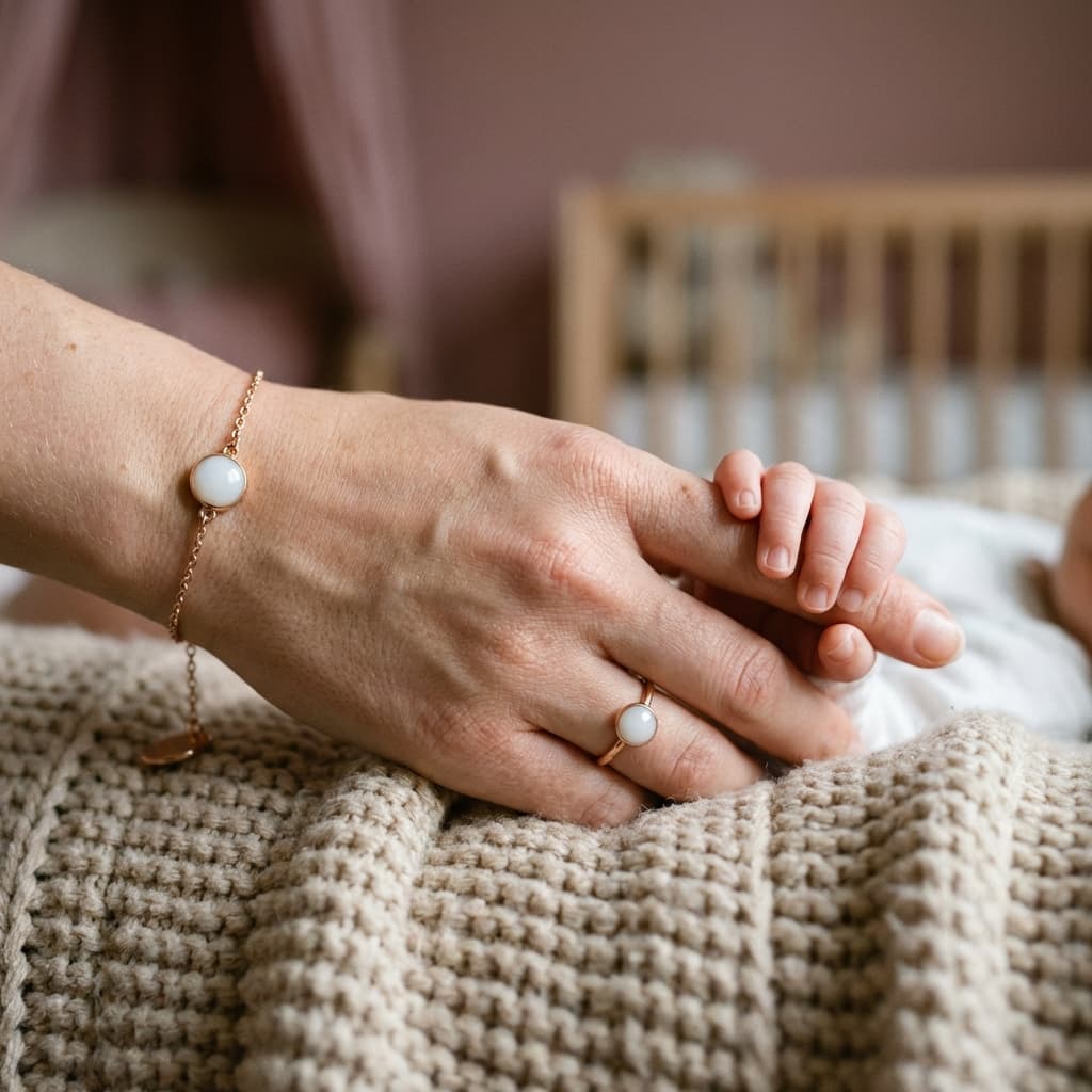 Mother holding a baby’s hand in a cozy nursery while wearing breastmilk jewelry, featuring a delicate gold bracelet and ring with milky-white stones.