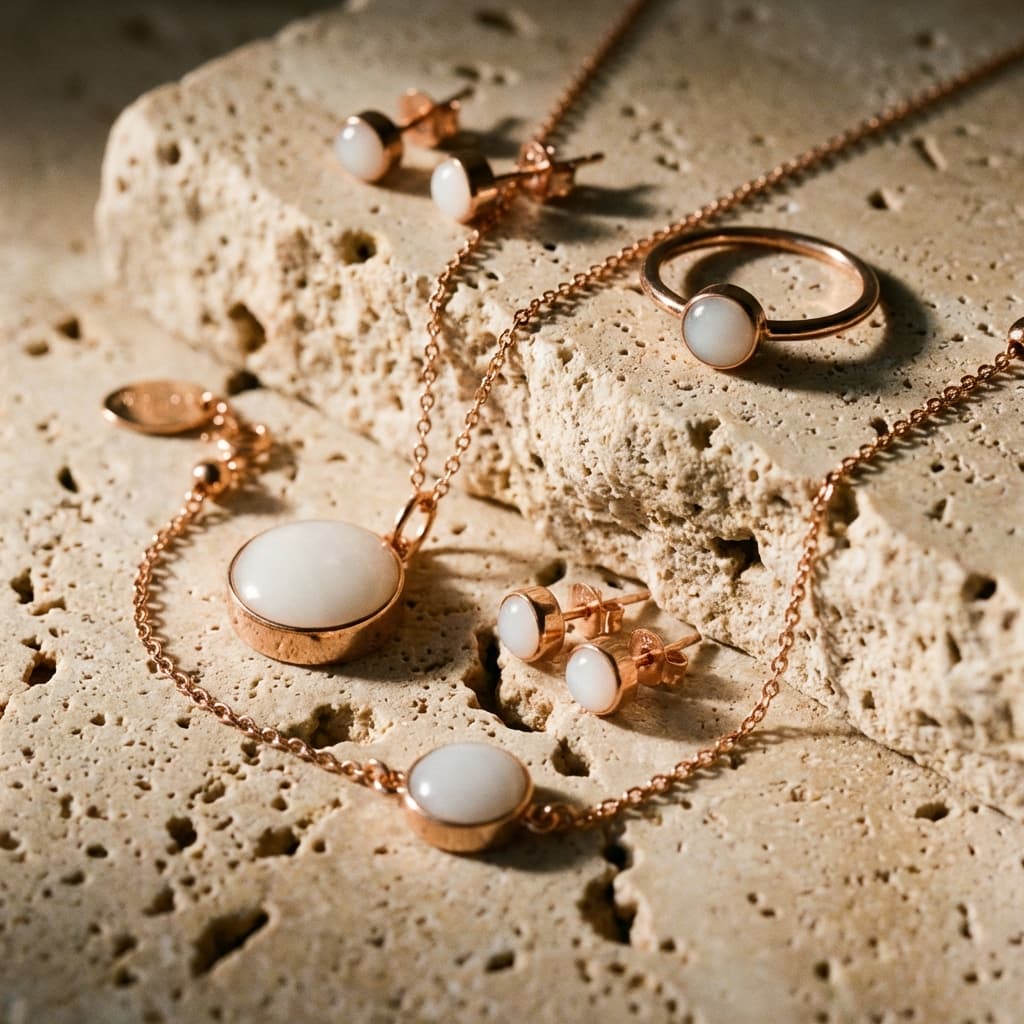 Rose gold breastmilk jewelry set featuring creamy white resin stones, with necklace, ring, stud earrings, and bracelet arranged on a textured stone surface.