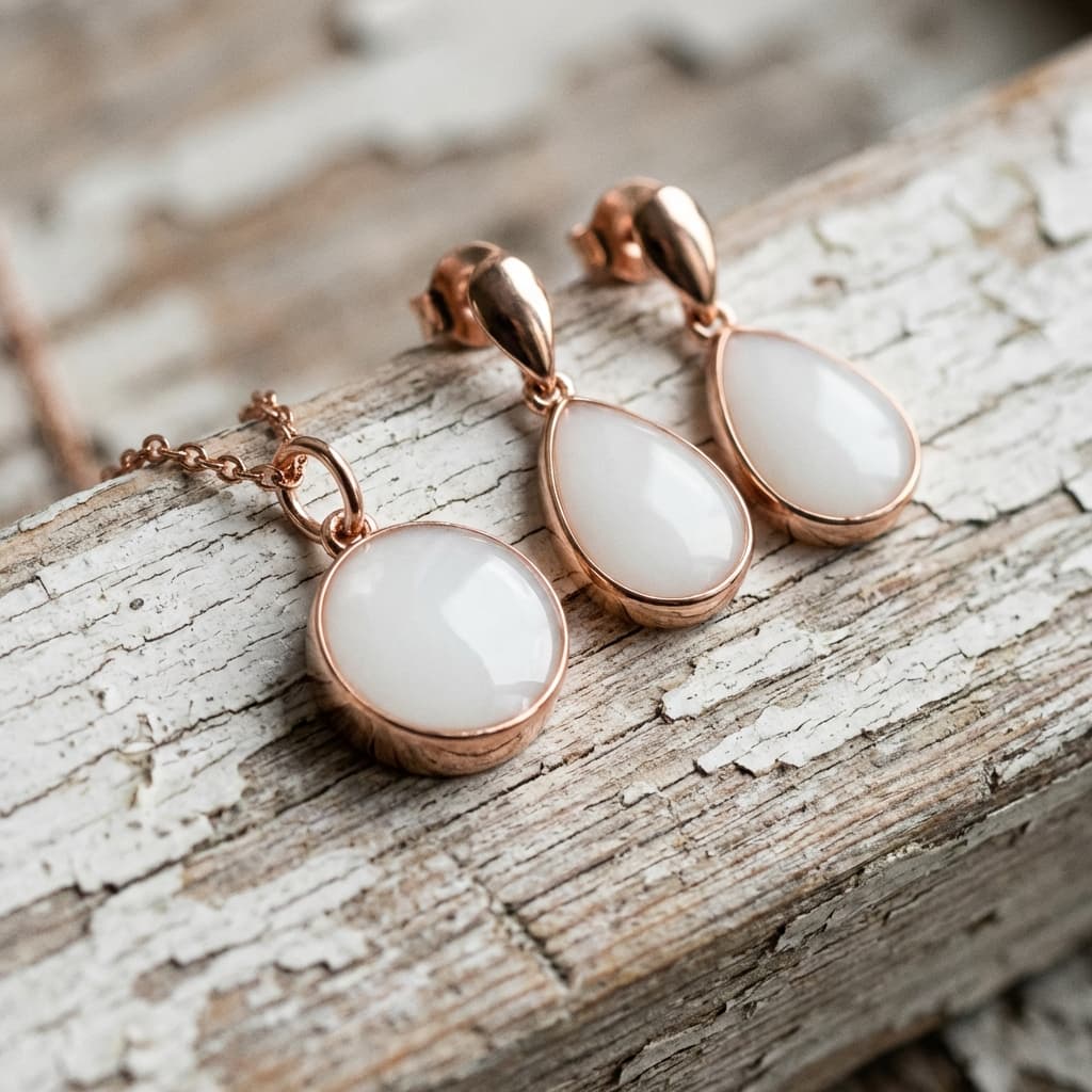 Rose gold–plated necklace pendant and matching teardrop earrings featuring smooth milky-white resin stones, made with a breastmilk jewelry kit, displayed on rustic distressed wood.