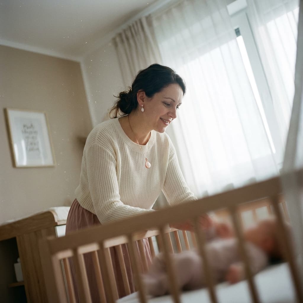 Mother leaning over a baby’s crib in a bright nursery, wearing a delicate pendant made with a breastmilk jewelry kit as a personal keepsake.