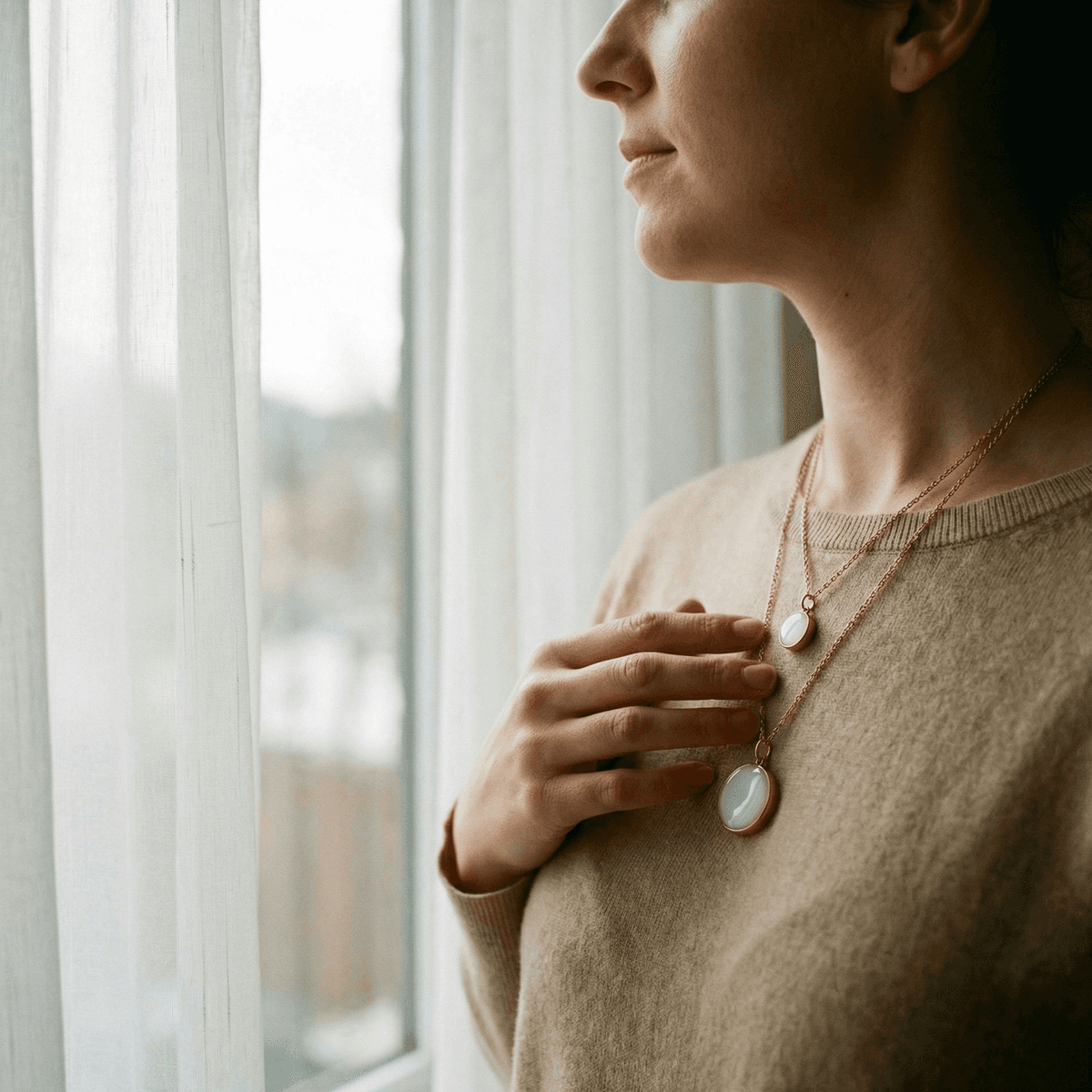 Woman standing by a window wearing layered gold necklaces with milky white pendants, holding a breastmilk keepsake jewelry piece gently against her chest.