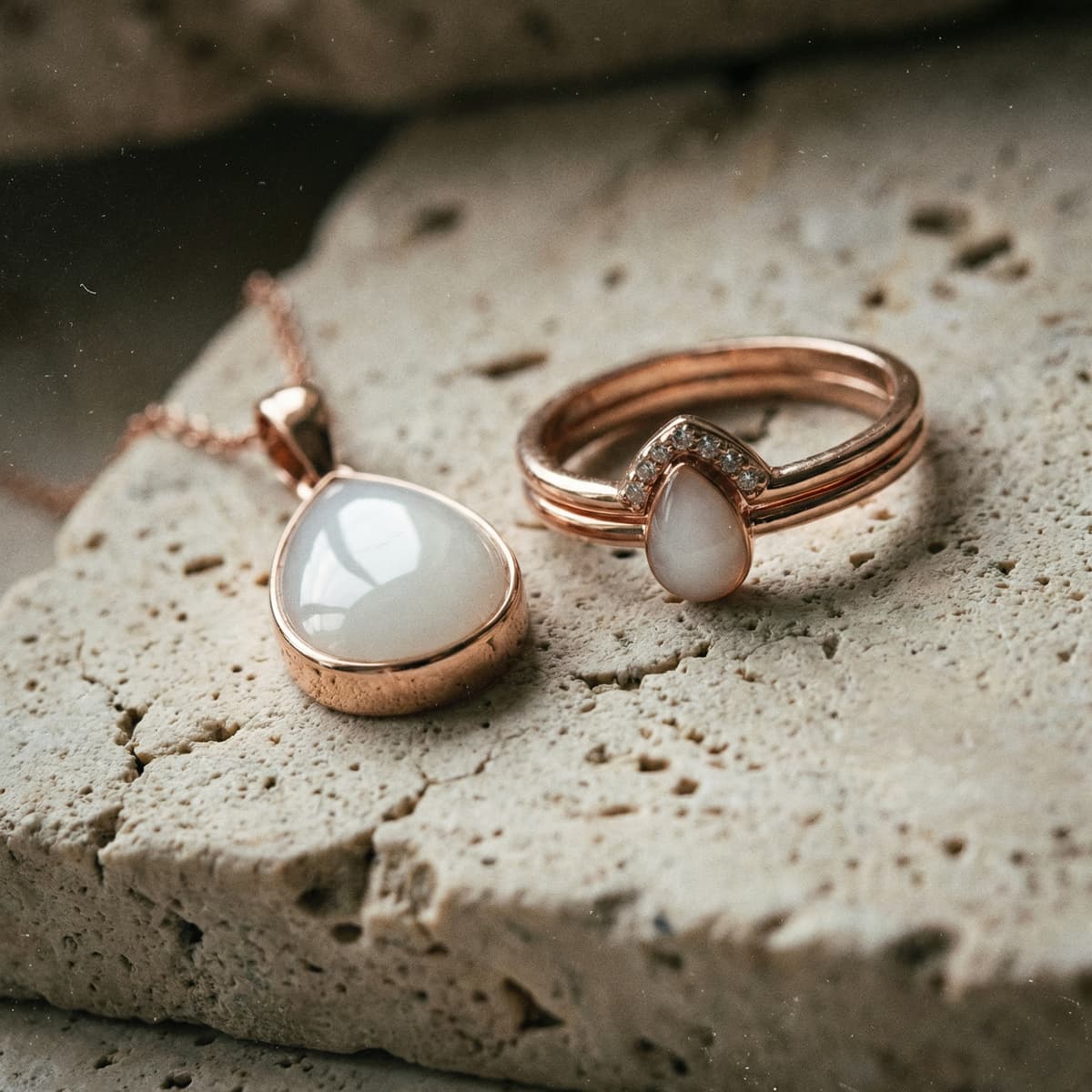 Rose gold necklace pendant and ring with milky white resin stones in a breastmilk keepsake jewelry set, photographed on a textured stone surface.