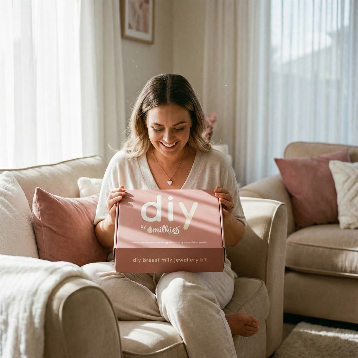 Smiling mom on a sofa holding the DIY by MILKIES breast milk jewellery kit box, showing why an at-home breastmilk keepsake kit is a convenient way to create a personal memento.