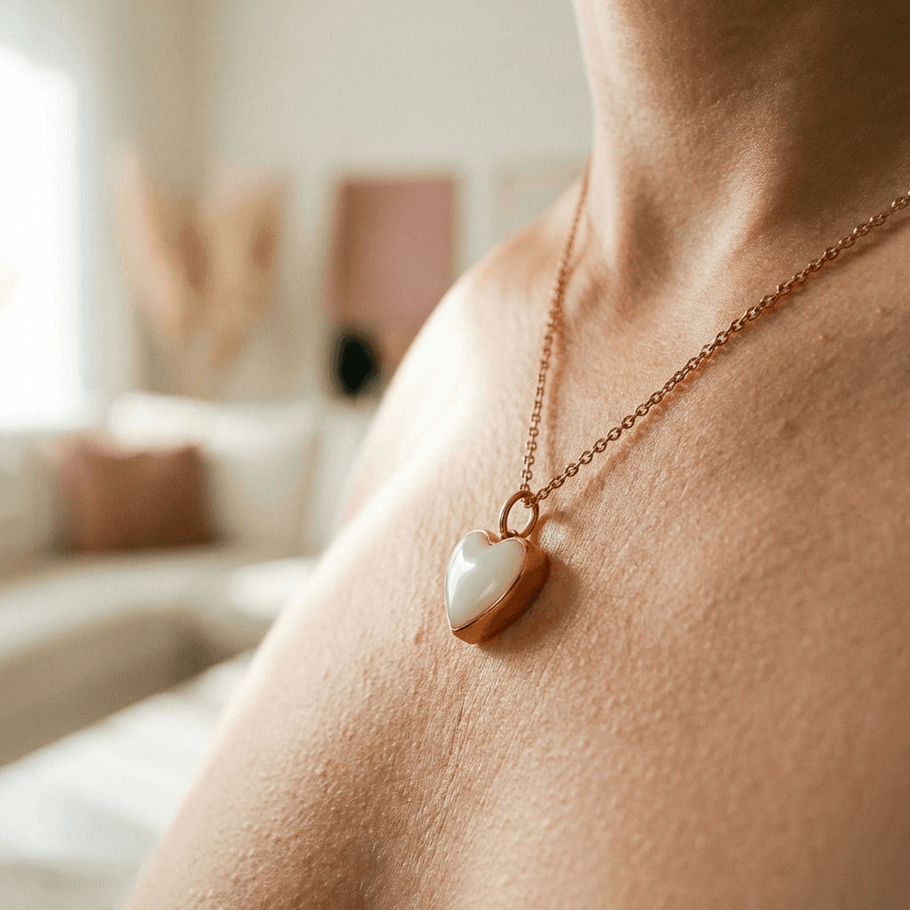 Close-up of a woman wearing a rose-gold heart pendant breastmilk necklace filled with creamy white resin in soft natural light.