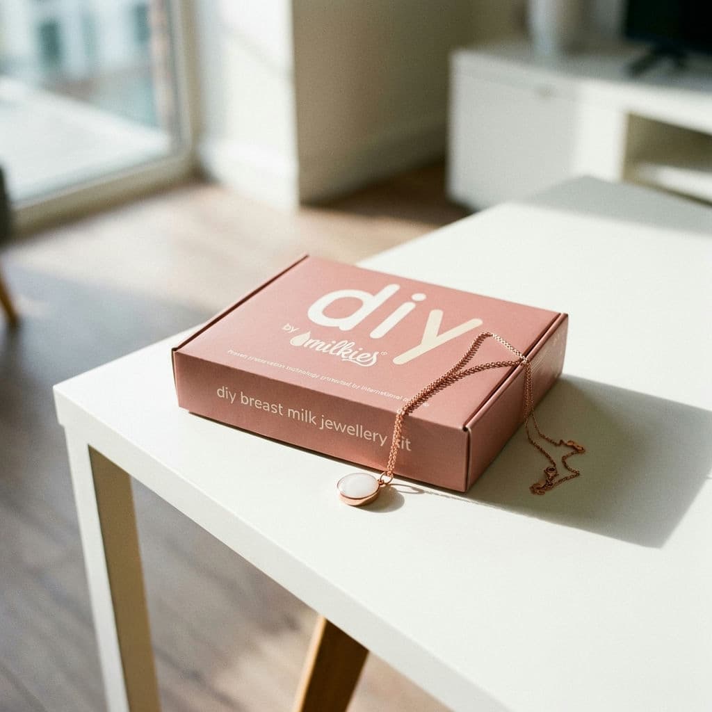 DIY by MILKIES at-home kit box with a rose-gold chain and round breastmilk necklace pendant arranged on a white table in soft natural light