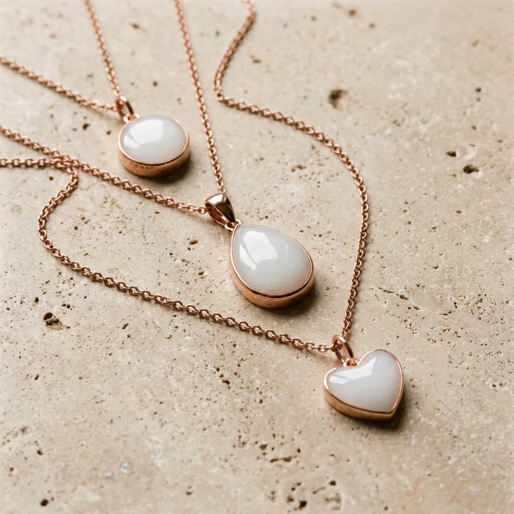 Rose gold pendants with milky-white resin stones displayed as an elegant breastmilk necklace keepsake, featuring teardrop, round, and heart shapes on a textured stone background.