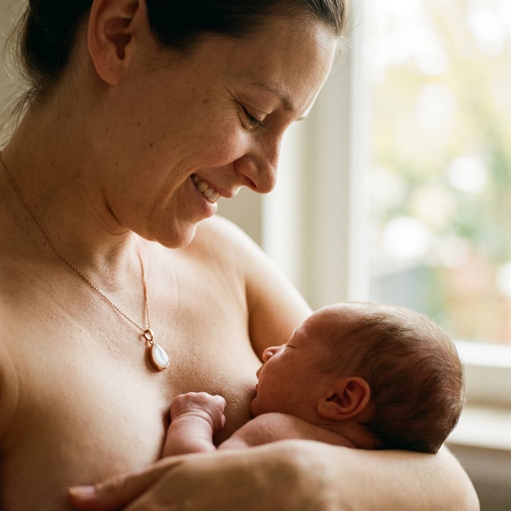 Smiling mother breastfeeding her newborn while wearing a teardrop breastmilk necklace, highlighting the meaningful reason to create a DIY keepsake at home.