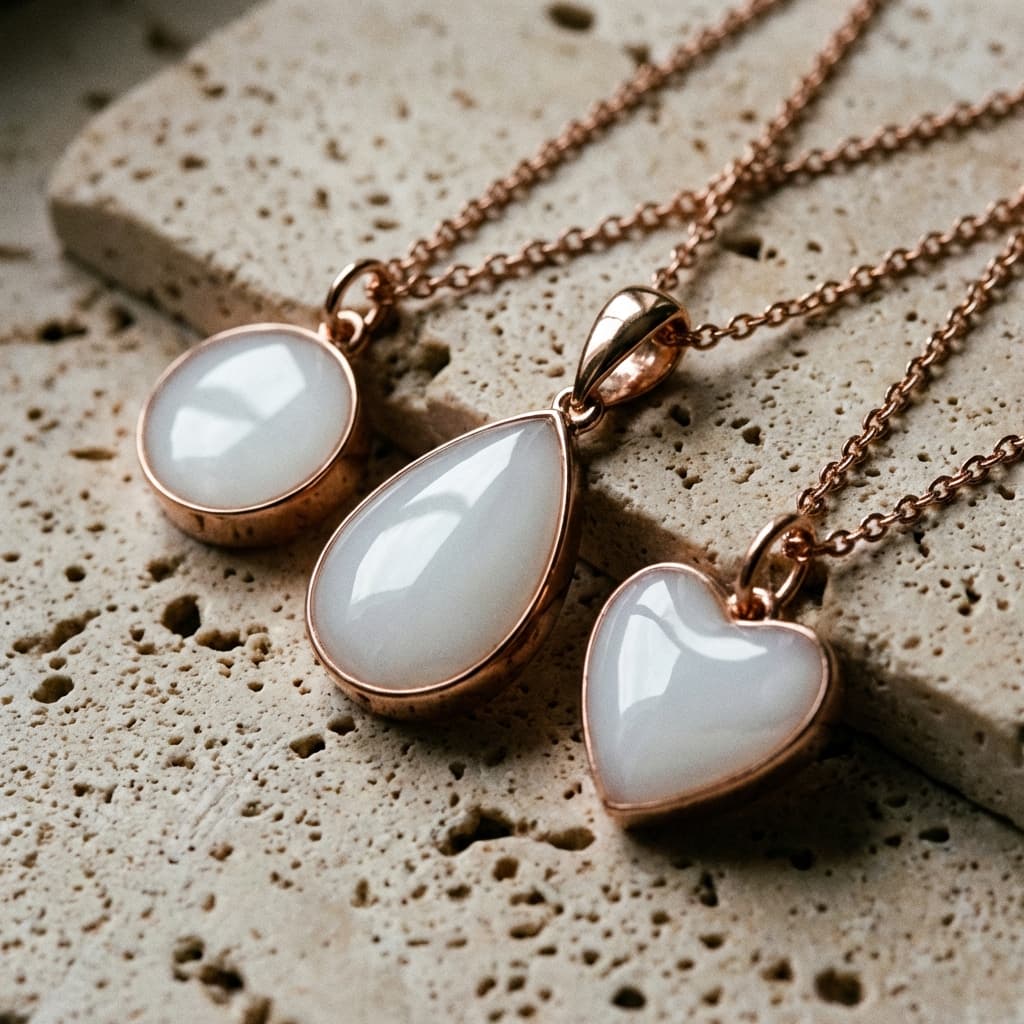 Rose gold keepsake jewelry featuring oval, teardrop, and heart-shaped white resin pendants made with a breastmilk necklace diy kit