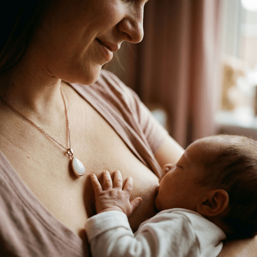 Mother breastfeeding her baby while wearing a teardrop keepsake pendant, showing why a breastmilk necklace diy kit is a meaningful way to create a personal breastfeeding memory at home.