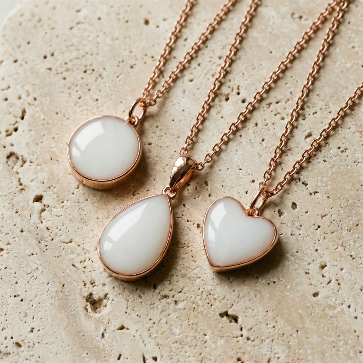 Rose gold keepsake necklaces with milky white resin pendants in round, teardrop, and heart shapes, showing results made with a breastmilk necklace kit on a textured stone background.