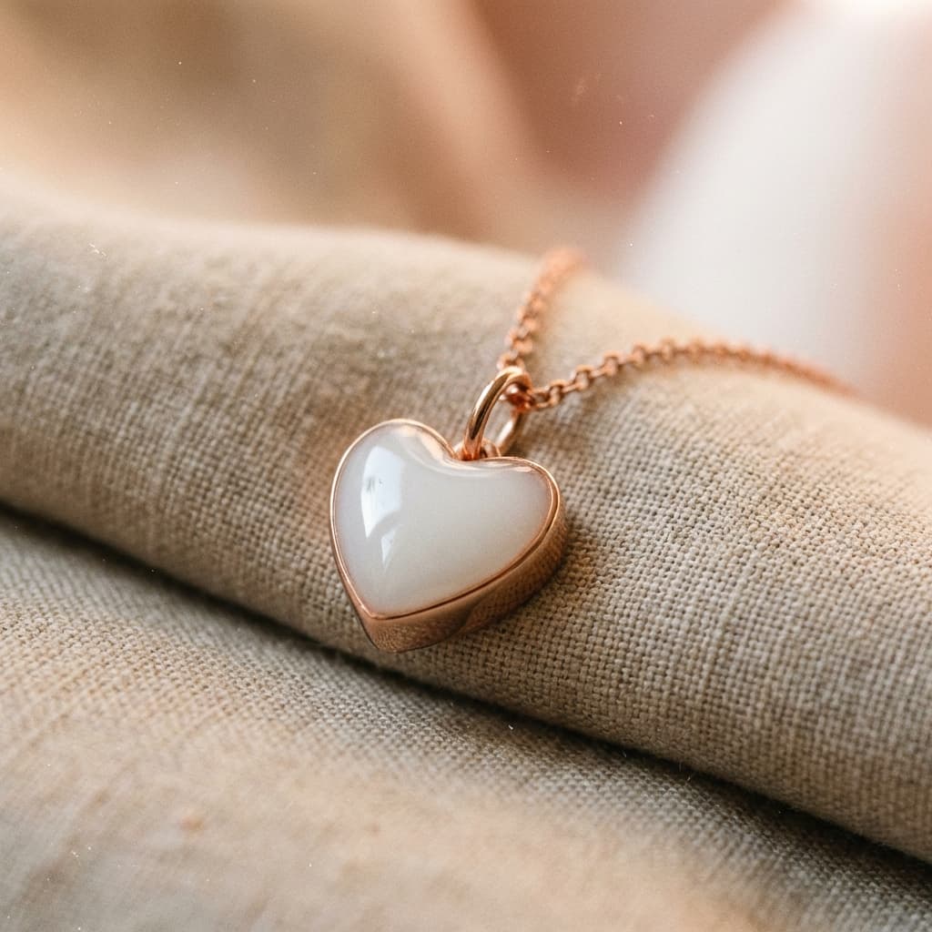 Rose gold heart pendant necklace with a milky white center, a finished keepsake made using a breastmilk necklace kit on a delicate chain