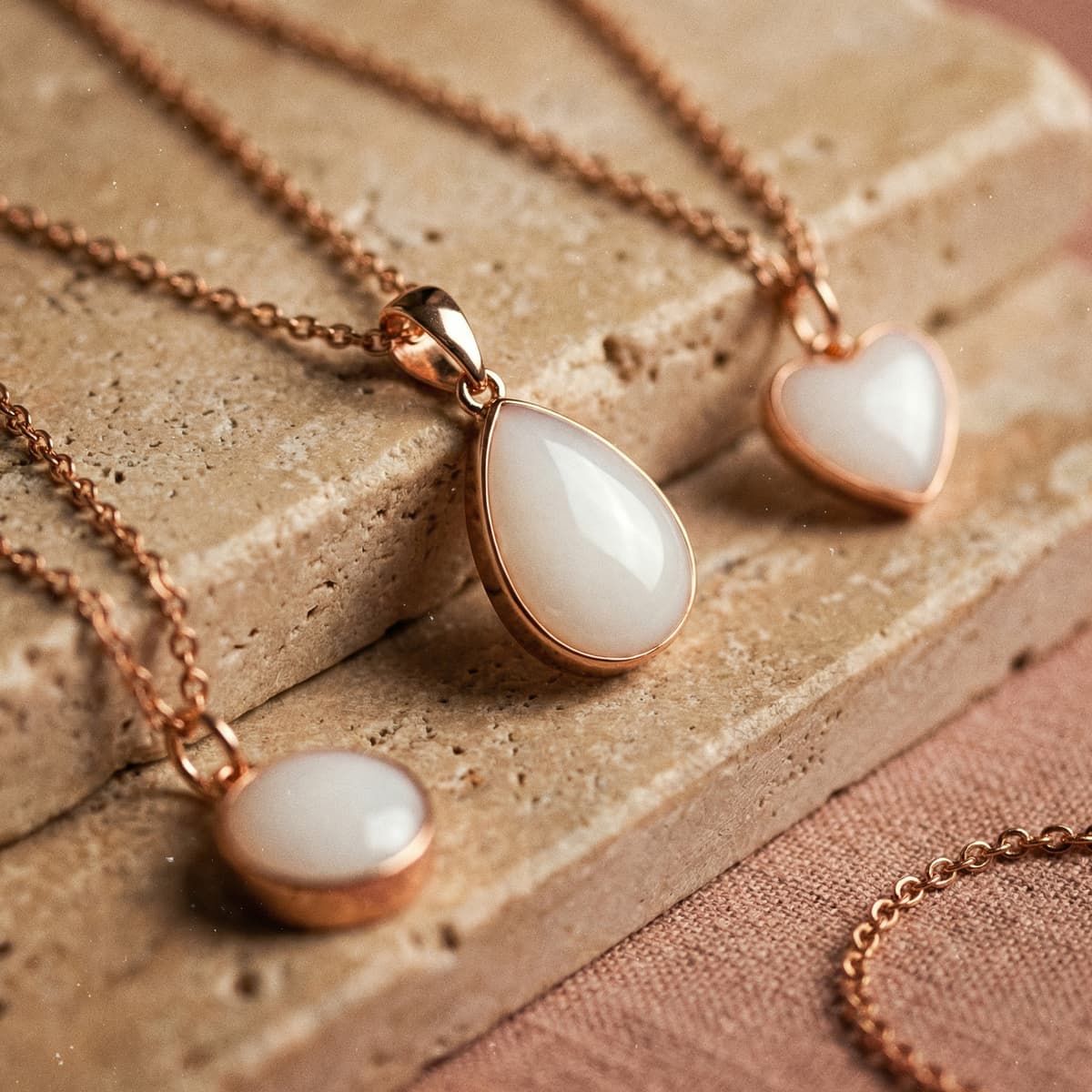 Rose gold keepsake jewelry displayed on a stone surface, showing a teardrop pendant with milky white resin and matching heart and oval charms made using a breastmilk necklace making kit.