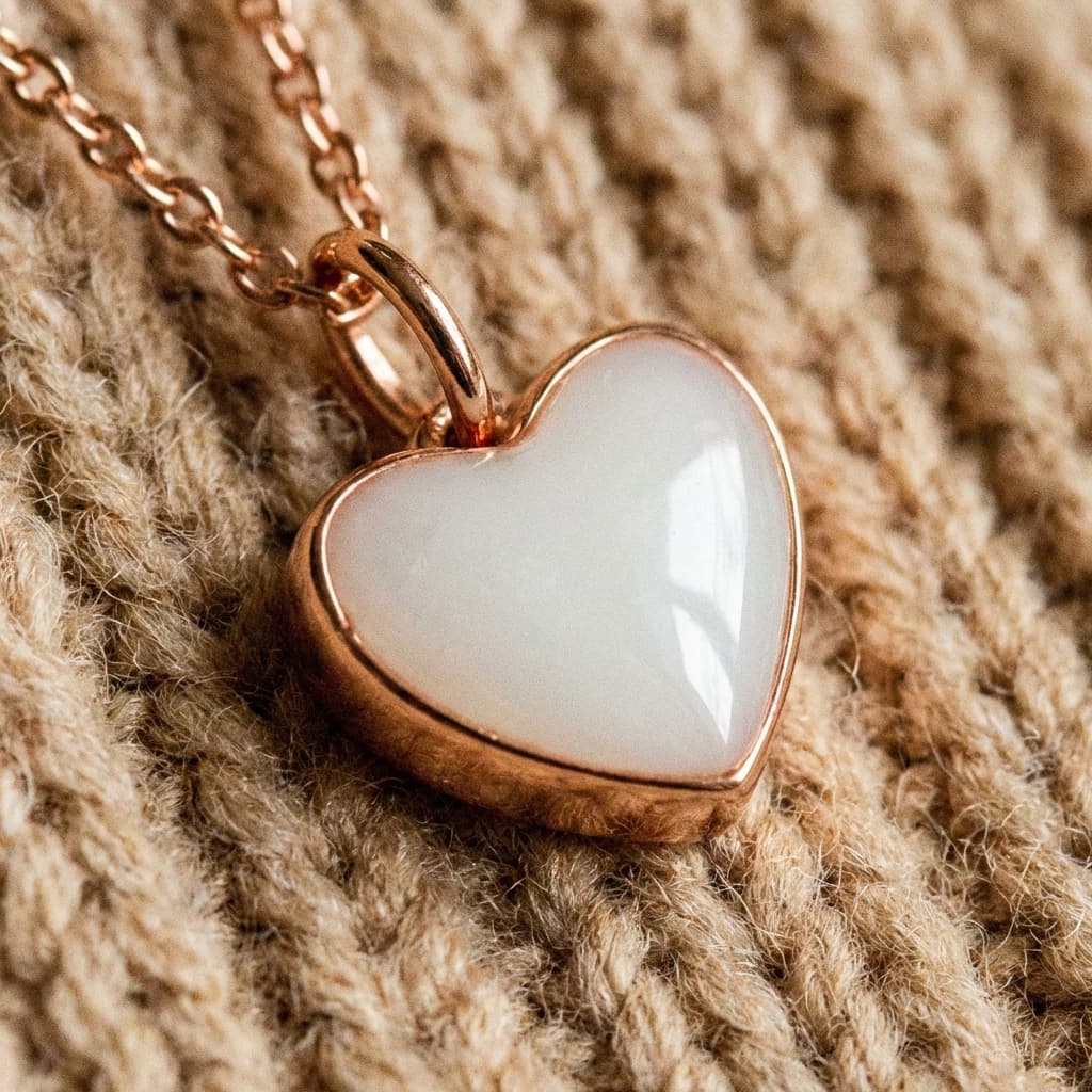 Rose-gold heart pendant breastmilk necklaces example with milky white resin on a chain, showing why the DIY by MILKIES at-home keepsake kit is a beautiful, private way to make your own jewelry