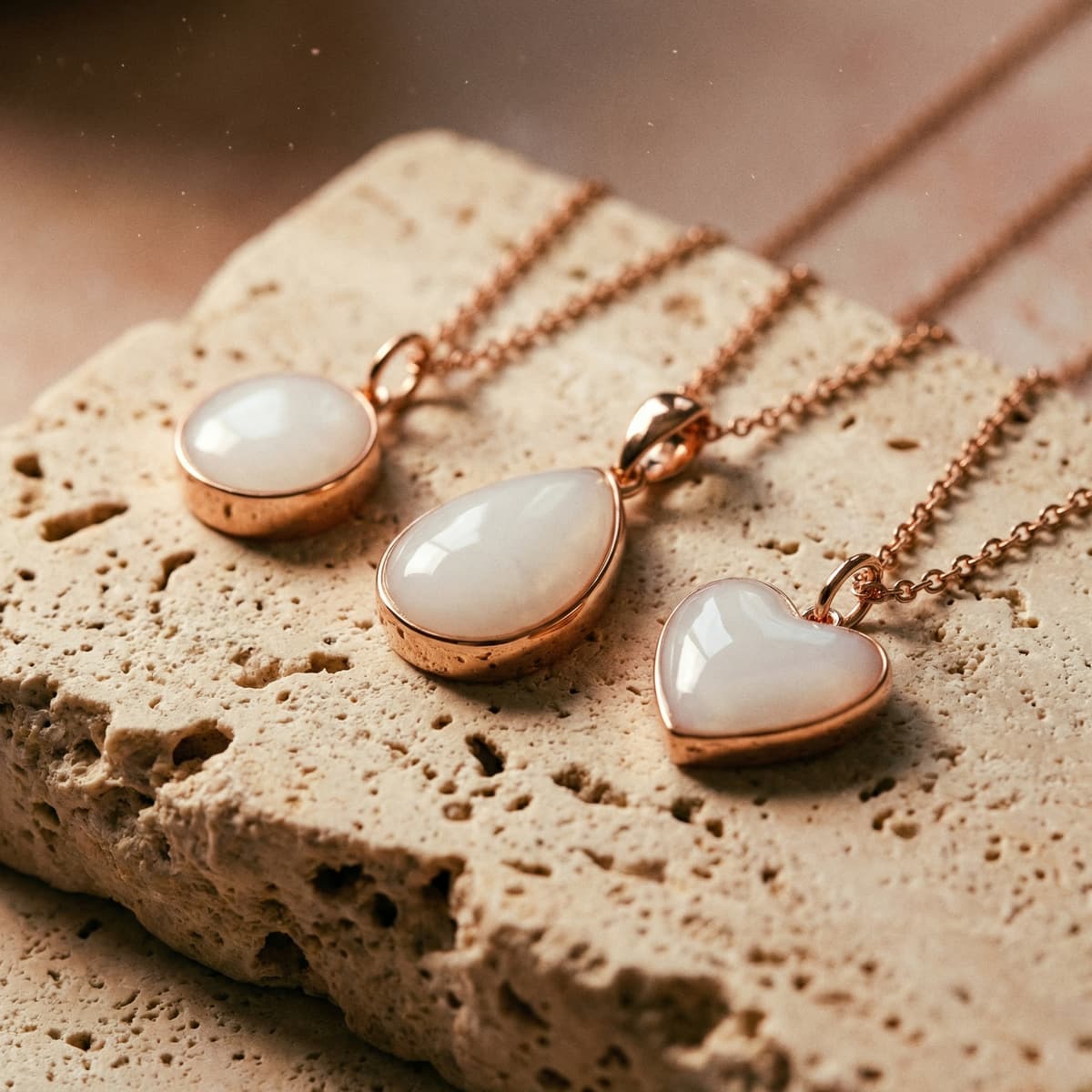 Rose gold pendants with milky white resin stones in round, teardrop, and heart shapes displayed on a textured stone surface, showcasing keepsakes made with a breastmilk necklaces diy kit.