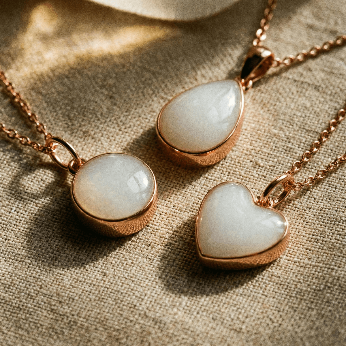 Rose gold jewelry display showing the finished result from a breastmilk necklaces kit, with three milky white resin pendants in round, teardrop, and heart shapes on textured fabric.