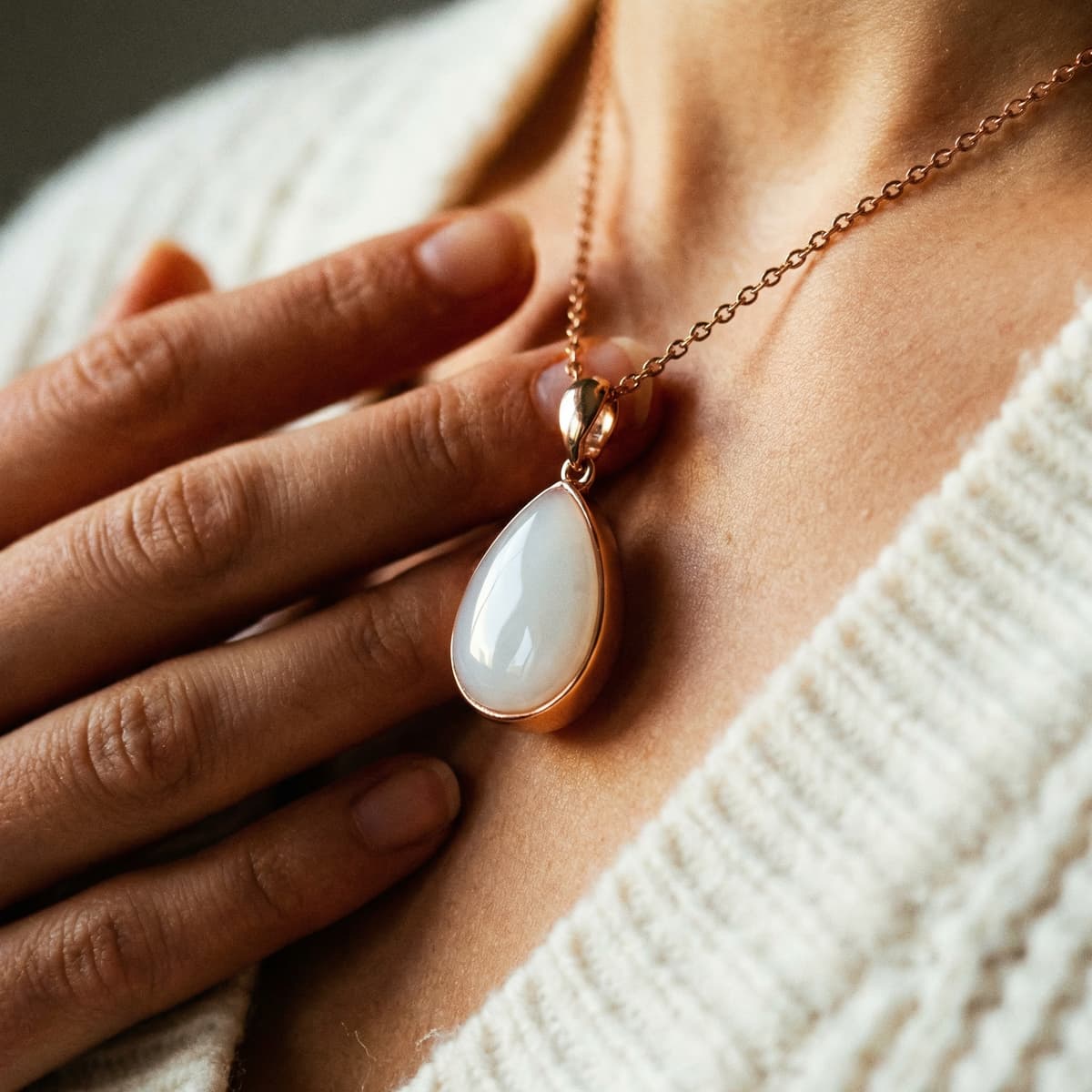 Mother wearing a rose-gold teardrop pendant featuring a milky white resin breastmilk keepsake, showcasing the finished piece made with a breastmilk necklaces kit.