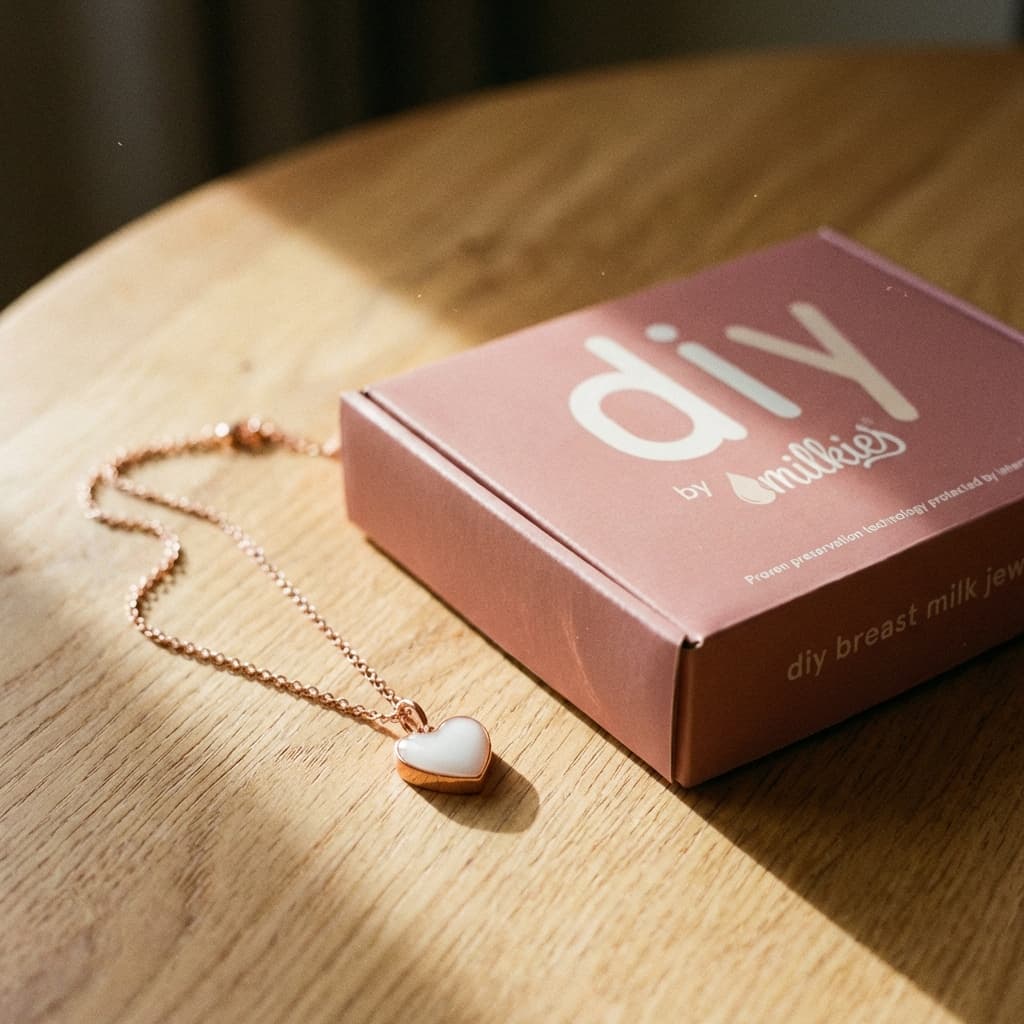 Rose gold heart pendant necklace next to a pink DIY by MILKIES box, showcasing an at-home breastmilk necklaces kit for making breast milk jewelry.