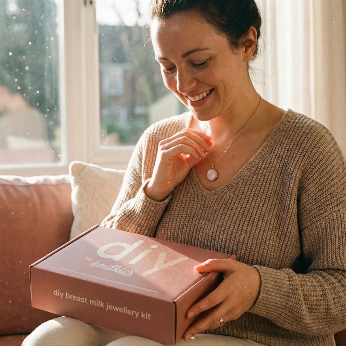 Smiling mother at home holding a DIY by MILKIES box, wearing a keepsake pendant, showing why an at-home breastmilk necklaces kit is a meaningful private option for creating breast milk jewellery yourself.