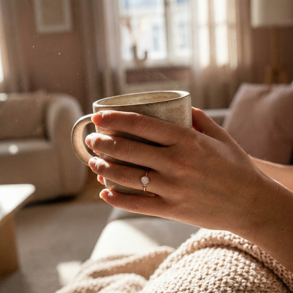 Hands holding a warm mug in a cozy sunlit living room while wearing a minimalist gold breastmilk ring with a milky white stone