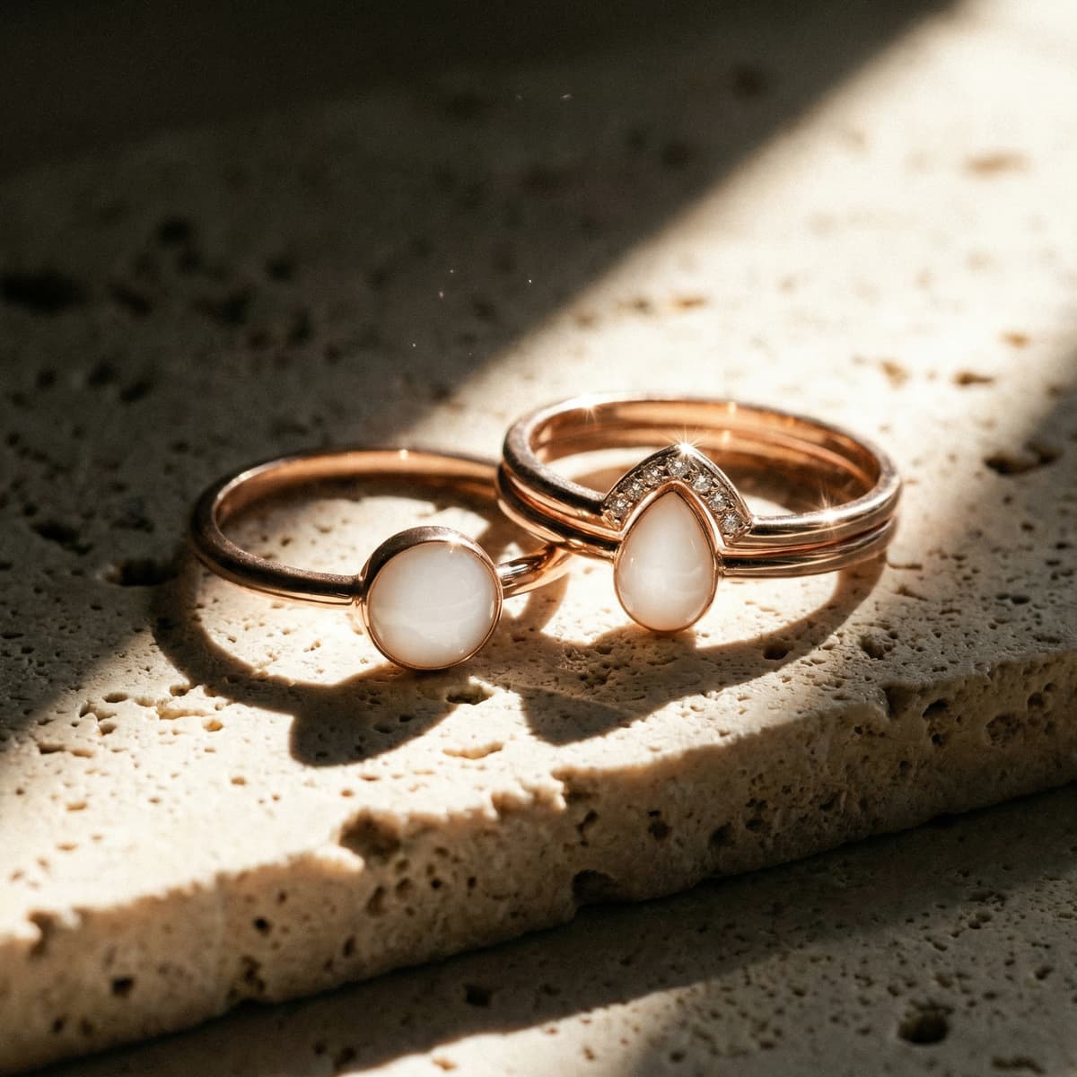 Rose gold rings with milky white resin stones, a finished keepsake made using a breastmilk ring diy kit displayed on a sunlit stone surface.