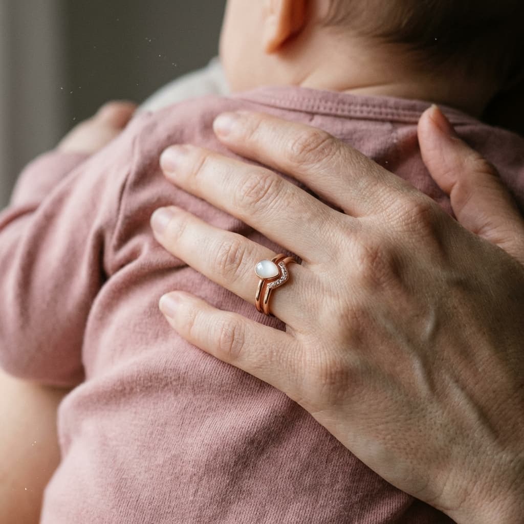 Mother gently holds a baby while wearing a rose gold keepsake ring with a milky-white stone made using a breastmilk ring diy kit.