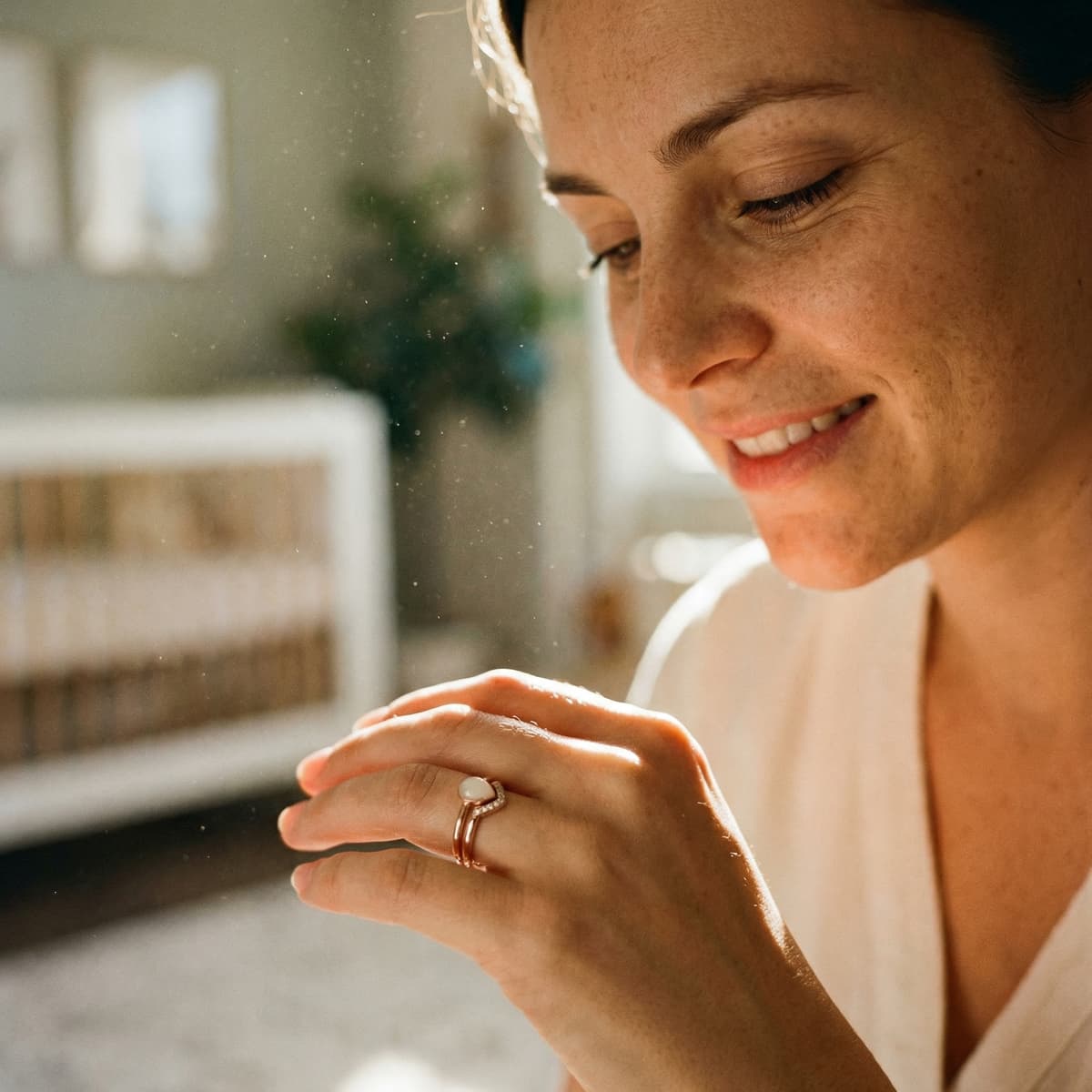 Smiling mom in warm natural light wearing a delicate keepsake ring, showing why a breastmilk ring diy kit is a meaningful, private way to create breastmilk jewelry at home.