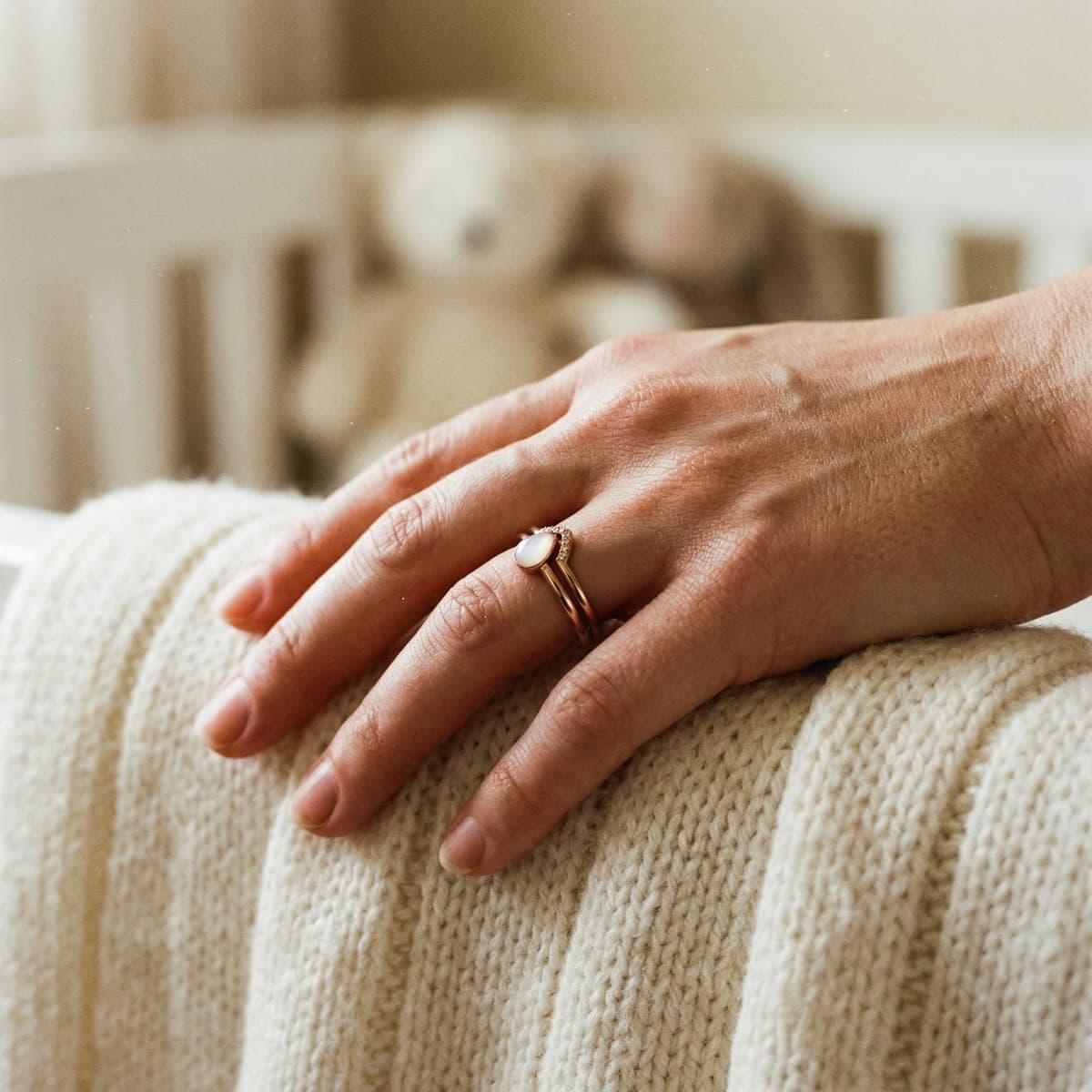 Woman’s hand resting on a cream knitted blanket, wearing a delicate gold keepsake ring made with a breastmilk ring kit featuring an oval milky-white stone.