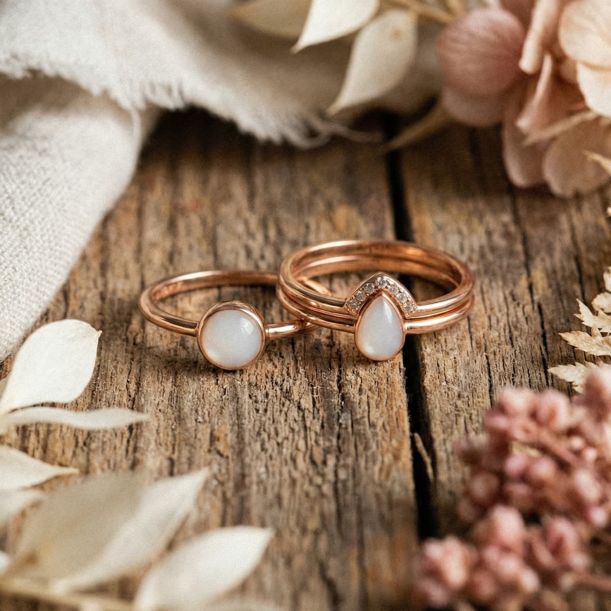 Rose gold keepsake rings with milky white resin stones displayed on a rustic wooden surface with dried florals, showing the finished results of a breastmilk ring making kit.