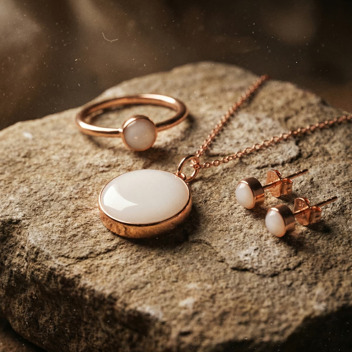 Rose gold necklace pendant, ring, and stud earrings with creamy white stones on a textured stone surface, showcasing a diy breast milk jewellery keepsake set