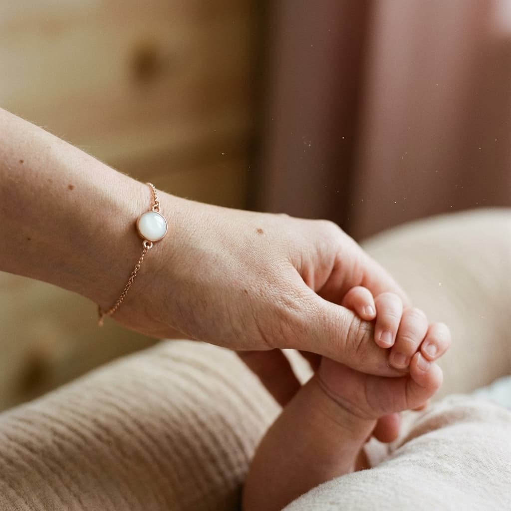 Mother holding a baby’s tiny hand while wearing a delicate gold bracelet with a milky-white resin stone, showcasing diy breast milk jewellery keepsake style.