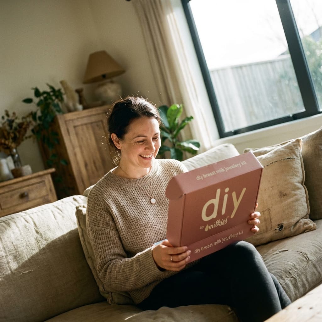 Smiling mom on a sofa holding a DIY by MILKIES kit box, highlighting why diy breast milk jewellery is a convenient at-home way to create a meaningful keepsake.