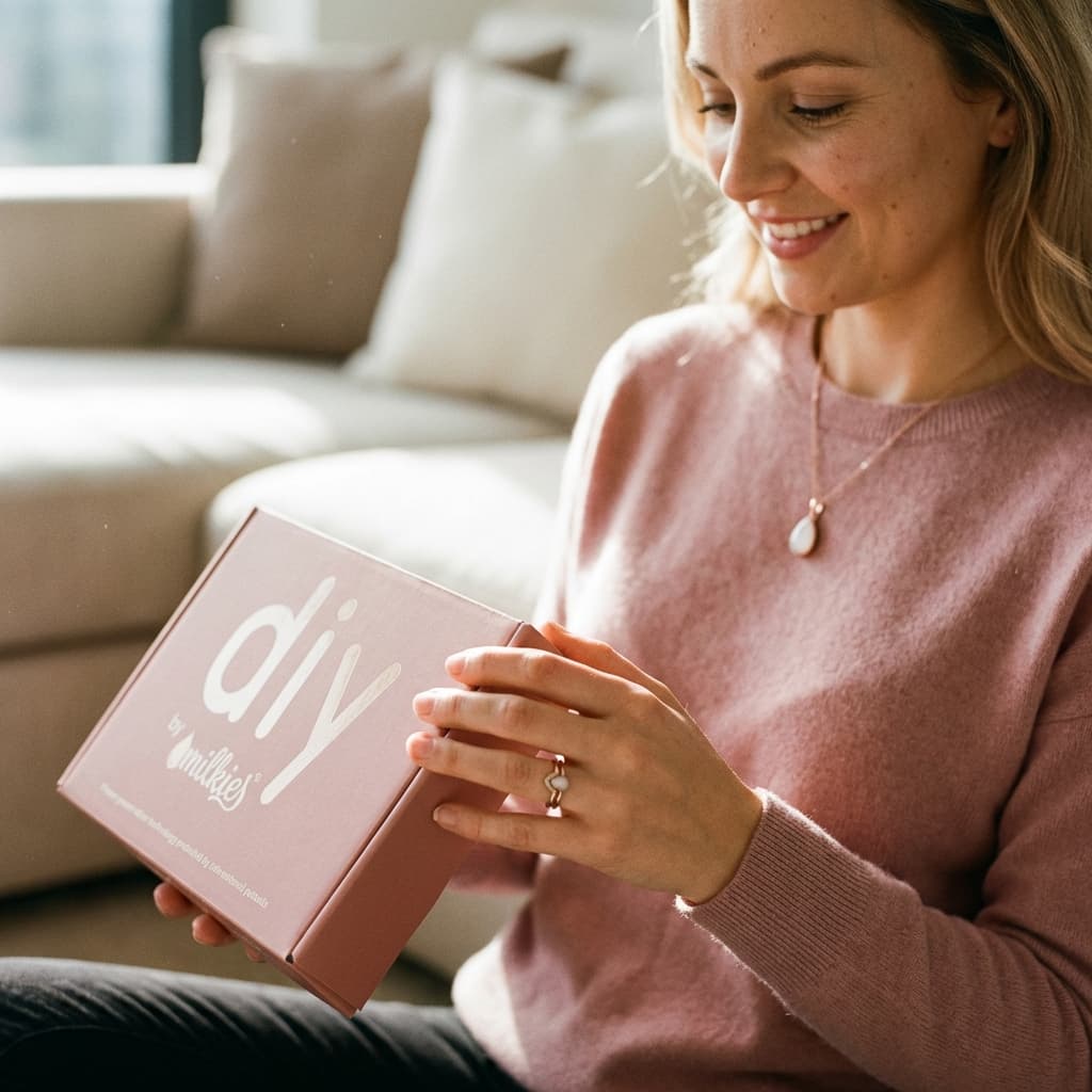 Smiling mother at home opening a pink Milkies box, showing why a diy breast milk jewellery kit is a convenient way to create a personal keepsake privately.
