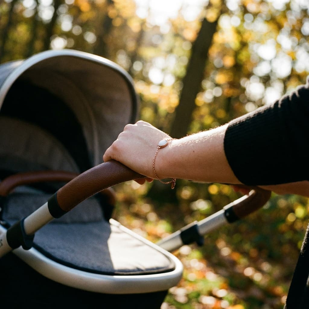 Mother outdoors in warm autumn light pushing a stroller, wearing a rose-gold chain diy breastmilk bracelet with an oval white breastmilk keepsake charm.