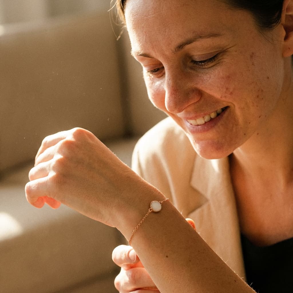 Smiling mother admiring a delicate diy breastmilk bracelet with a milky white stone, highlighting why the DIY by MILKIES at-home kit is a meaningful, private way to create keepsake jewelry at home.