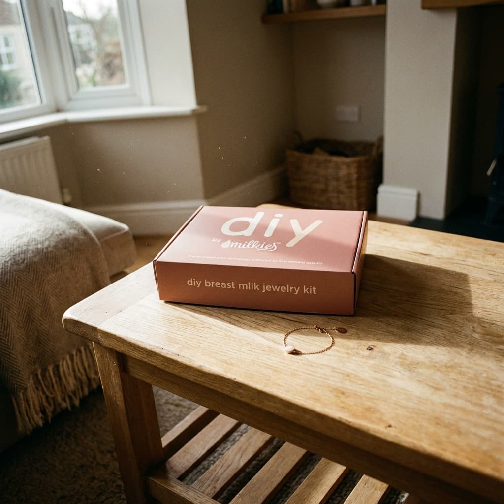 At-home keepsake jewelry scene with a DIY by Milkies box on a wooden table next to a delicate bracelet, featuring a diy breastmilk bracelet kit for making breast milk resin jewelry.
