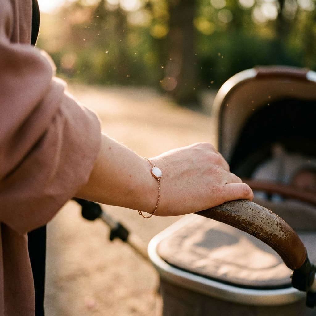 A mother pushes a stroller at sunset while wearing a delicate gold chain keepsake bracelet with a milky-white oval stone made using a diy breastmilk bracelet kit.