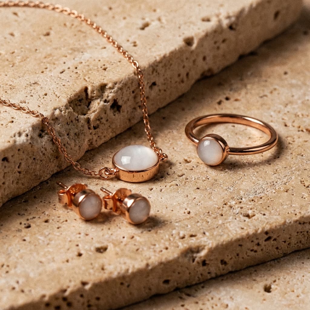 Rose-gold keepsake jewelry set with milky white resin stones—pendant necklace, ring, and stud earrings—showing results you can make using a diy breastmilk bracelet kit on a textured stone background.
