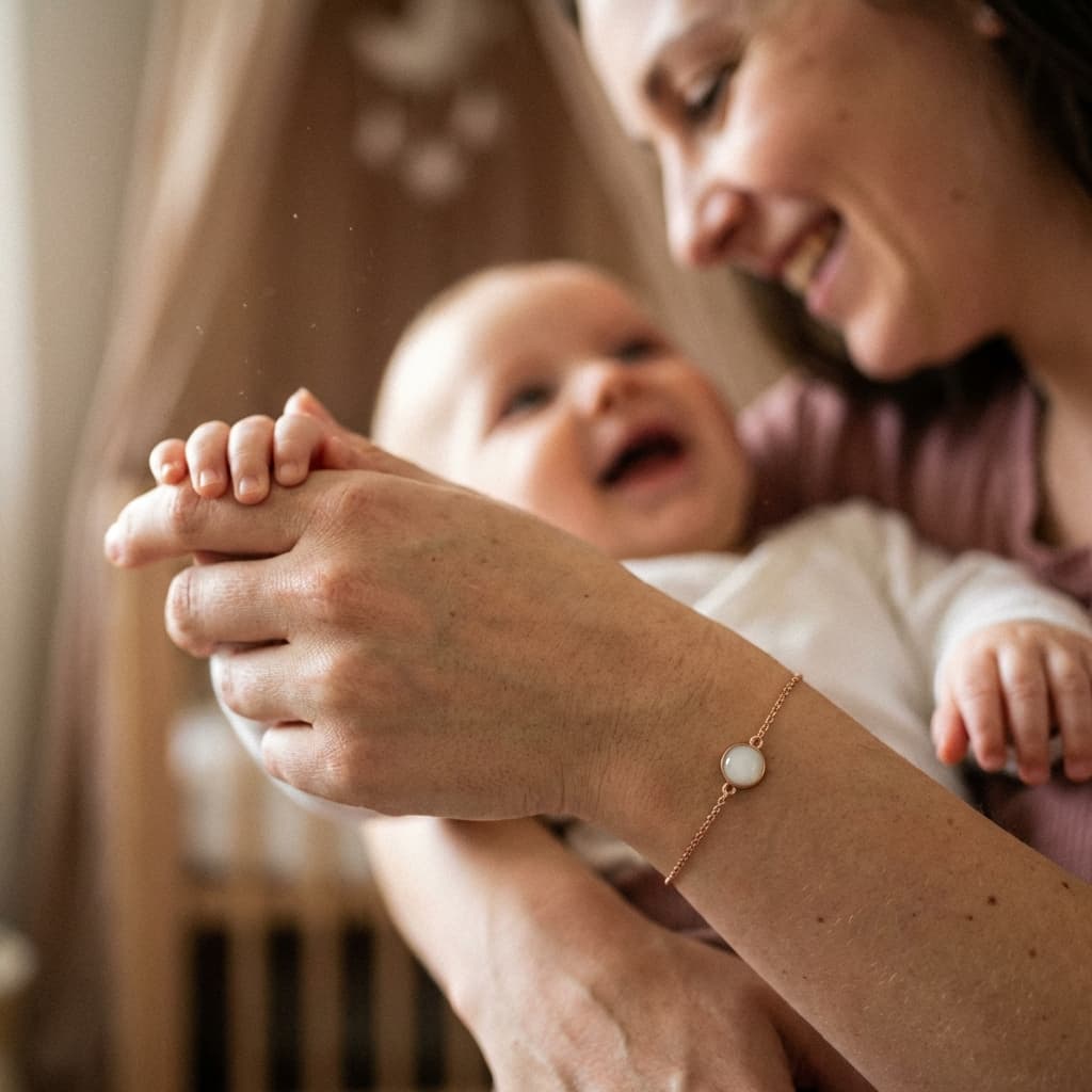 Smiling mom holding her baby and showing a delicate keepsake bracelet, illustrating why a diy breastmilk bracelet kit is a meaningful at-home way to preserve motherhood memories.