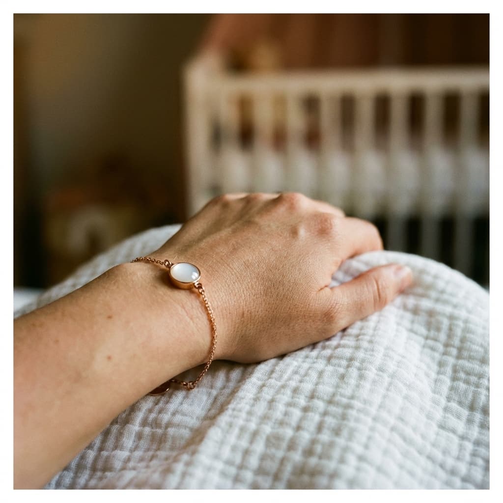 Close-up of a mother’s hand on a textured white blanket wearing a rose-gold bracelet with a milky-white oval stone, showcasing diy breastmilk bracelets as a sentimental keepsake.