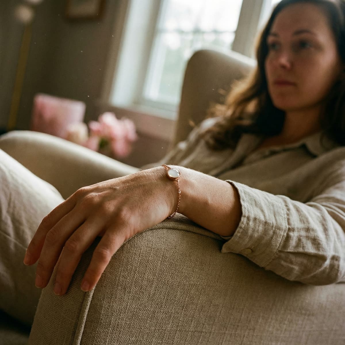 Woman relaxing on a sofa in soft window light, wearing a rose-gold chain bracelet with a milky white resin stone, inspired by diy breastmilk bracelets keepsake jewelry.