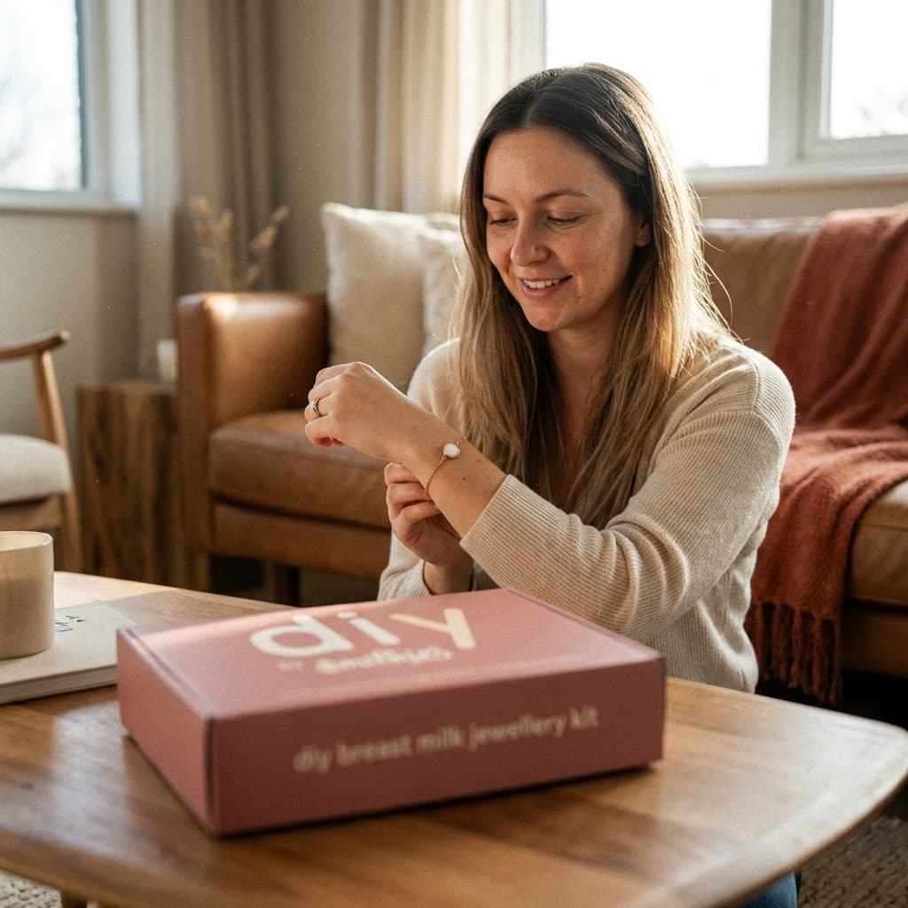 Smiling mom fastening a keepsake bracelet at home next to a DIY by MILKIES kit box, showing why diy breastmilk bracelets are a meaningful, private way to create your own breastmilk jewelry.