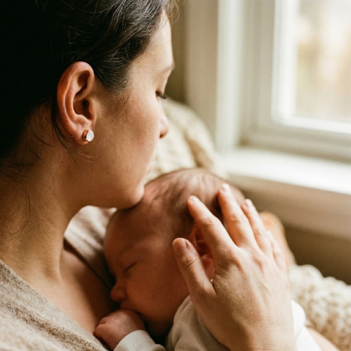 A mother holds a sleeping newborn near a bright window while wearing a minimalist diy breastmilk earring stud keepsake.