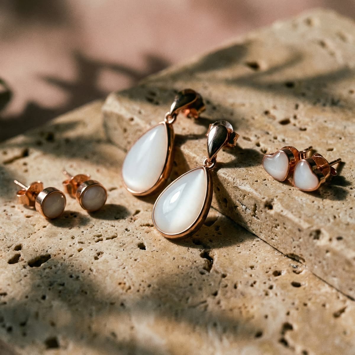 Rose-gold keepsake earrings on textured stone, showcasing what you can create with a diy breastmilk earring kit—milky white resin teardrop dangles, round studs, and heart-shaped studs in warm natural light.
