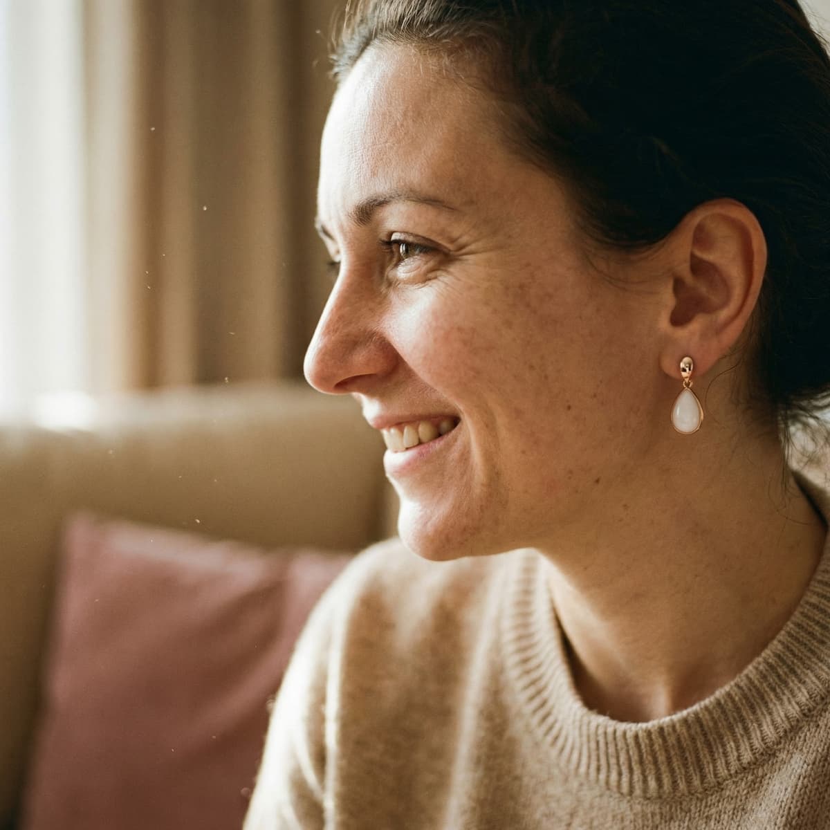 Mother smiling while wearing a delicate teardrop keepsake earring made with a diy breastmilk earring kit, showing why creating a personal at-home memento is a meaningful choice.
